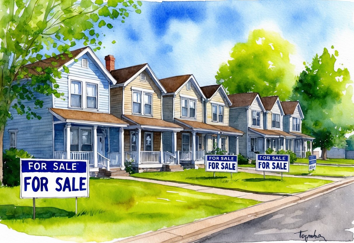 A row of houses in Topeka, KS with "For Sale" signs, surrounded by green trees and a clear blue sky