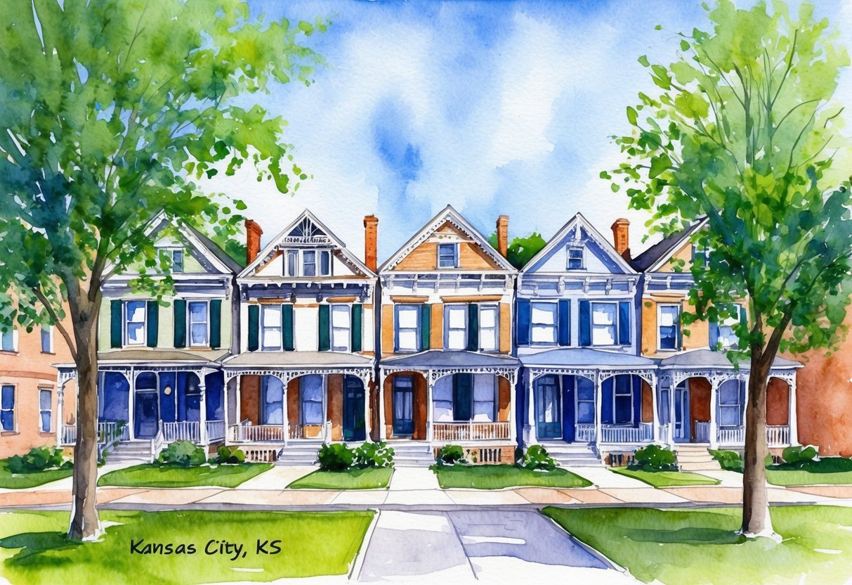 A row of charming historic homes in Kansas City, KS, surrounded by lush green trees and a clear blue sky