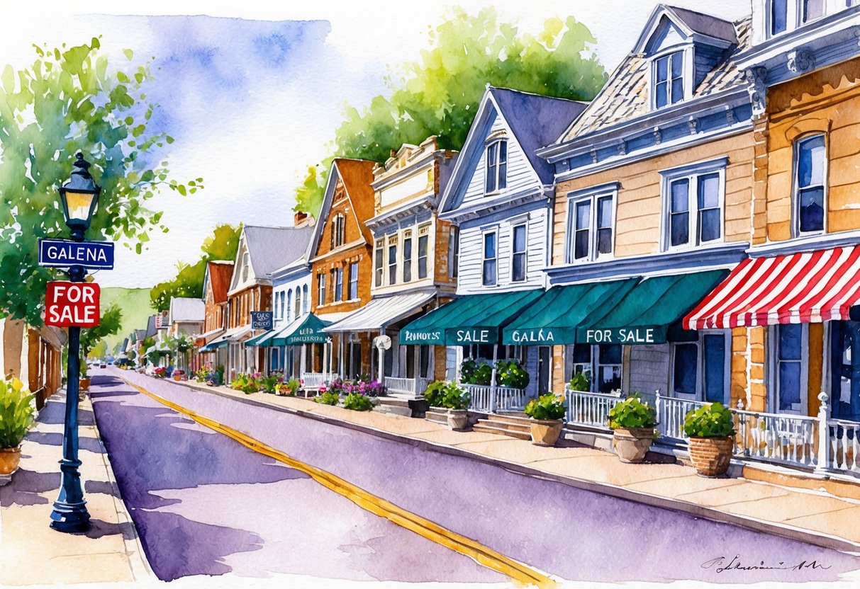 A quaint street in Galena, KS lined with historic homes and "For Sale" signs, with a mix of old and new architecture