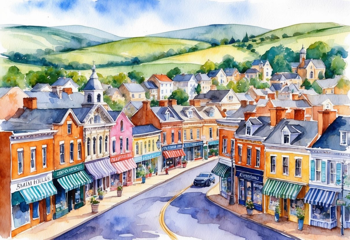 A bustling small town with historic buildings, quaint shops, and charming homes lining the streets, surrounded by picturesque countryside and rolling hills