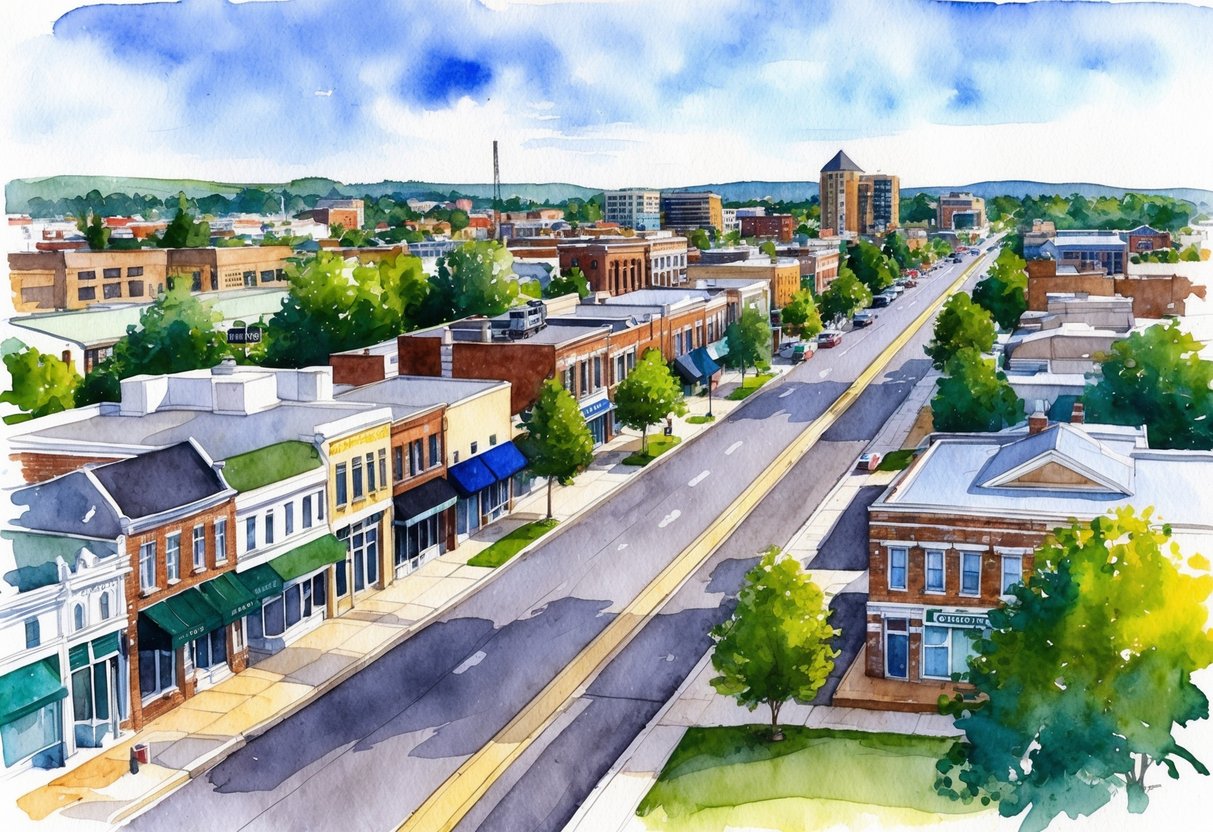 A bustling Topeka street with diverse housing styles and a mix of residential and commercial properties, surrounded by lush greenery and well-maintained infrastructure