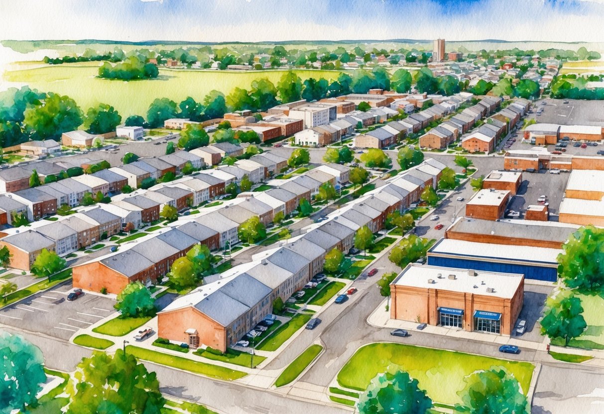 Aerial view of Topeka, KS with rows of suburban houses and commercial buildings, surrounded by green trees and parks