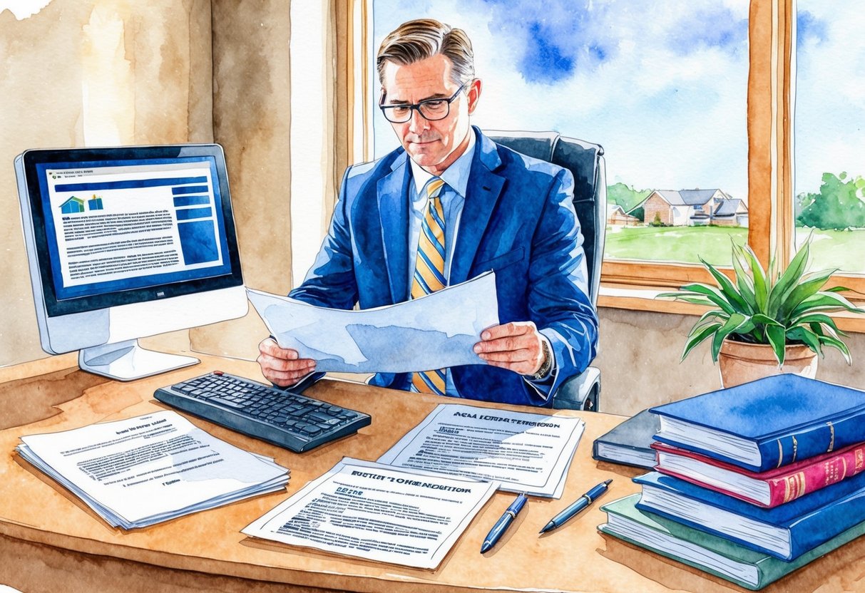 A real estate investor in Topeka, KS reviews legal documents and regulations at a desk with a computer, books, and paperwork