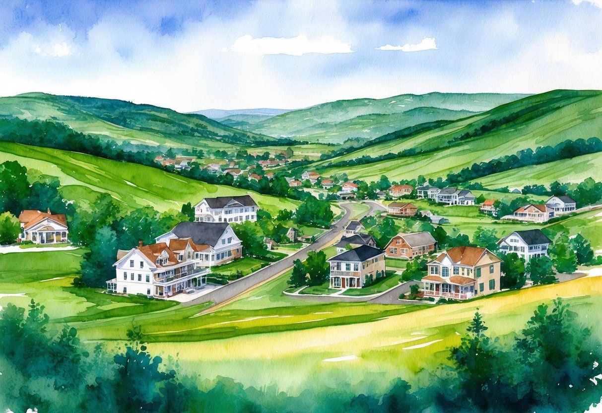 A picturesque view of the rolling hills and lush green landscapes of Galena, KS, with various real estate properties and investment opportunities scattered across the area