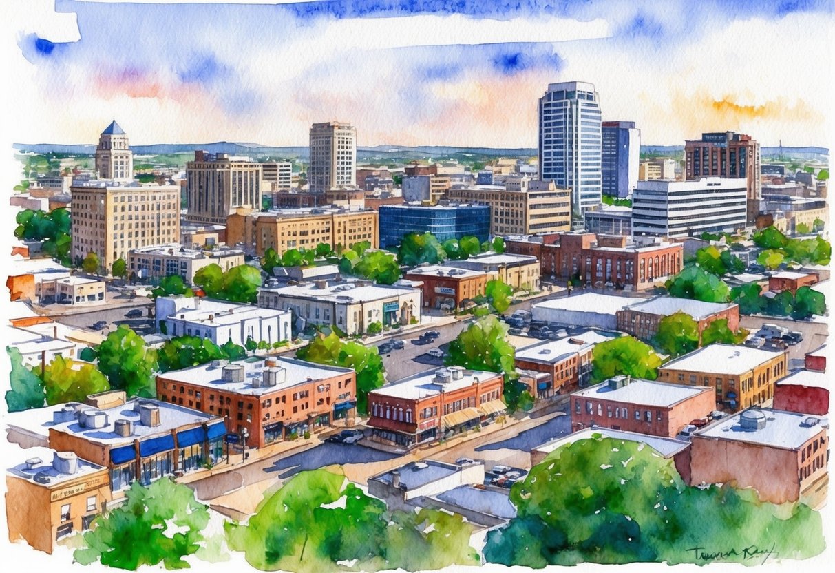 A bustling cityscape with various properties, including residential and commercial buildings, set against the backdrop of Topeka, Kansas