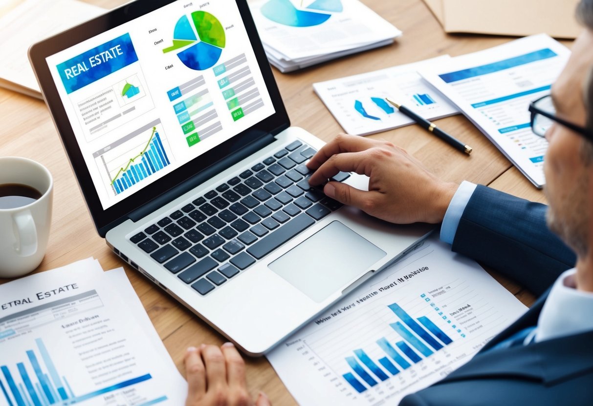 A person researching real estate on a laptop while surrounded by paperwork and financial documents