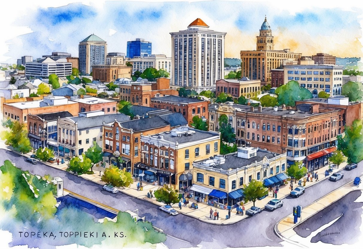 A bustling cityscape in Topeka, KS with various real estate properties, including homes, apartments, and commercial buildings. A mix of modern and historic architecture, with people engaged in real estate transactions