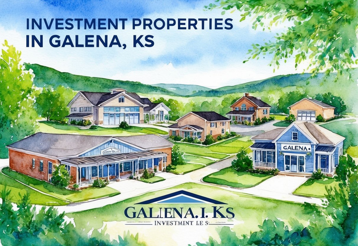 A scenic view of investment properties in Galena, KS, with various real estate buildings and houses, surrounded by lush greenery and clear blue skies