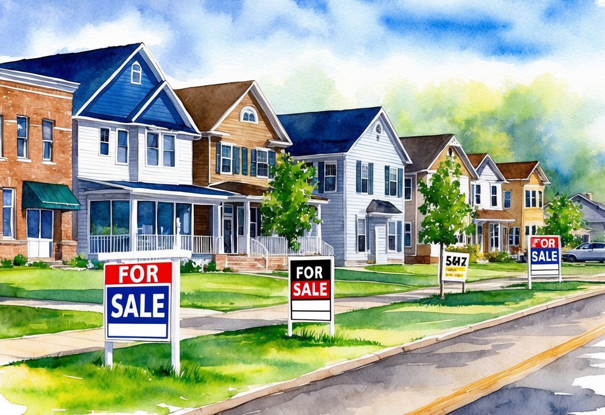 A row of diverse real estate properties in Topeka, Kansas, including residential homes, commercial buildings, and vacant land, with "For Sale" signs displayed
