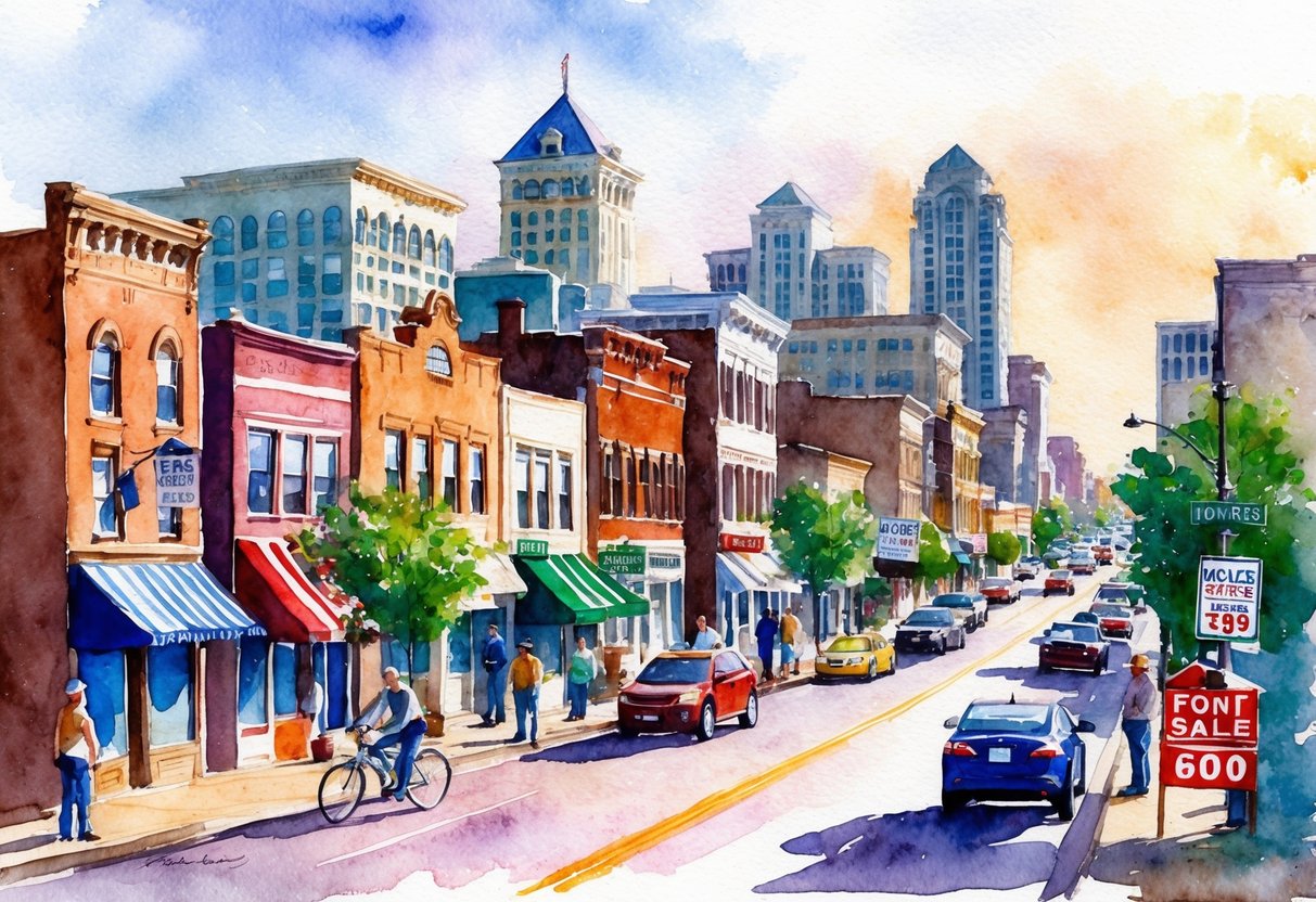 A bustling Kansas City street with diverse buildings and homes, real estate signs, and people engaged in property transactions