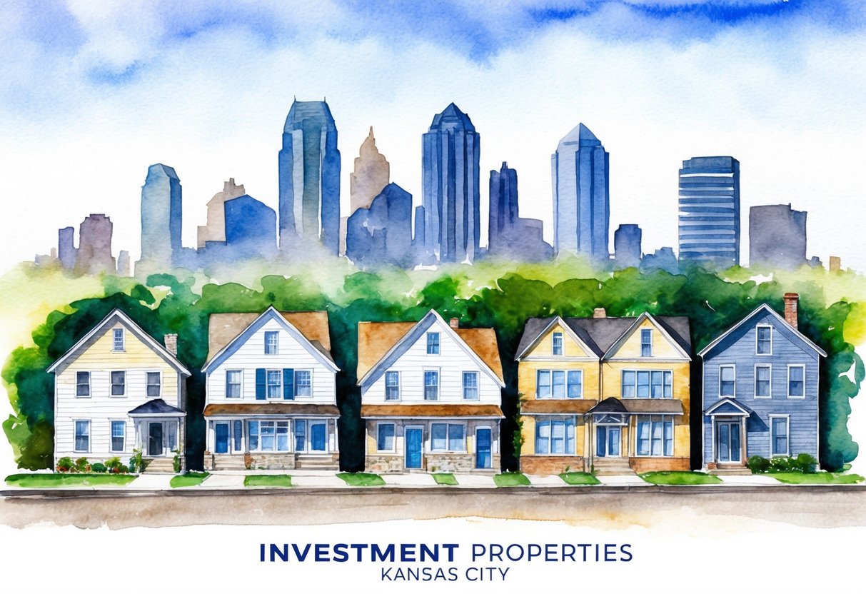 A row of diverse investment properties in Kansas City, from single-family homes to commercial buildings, set against a backdrop of the city skyline