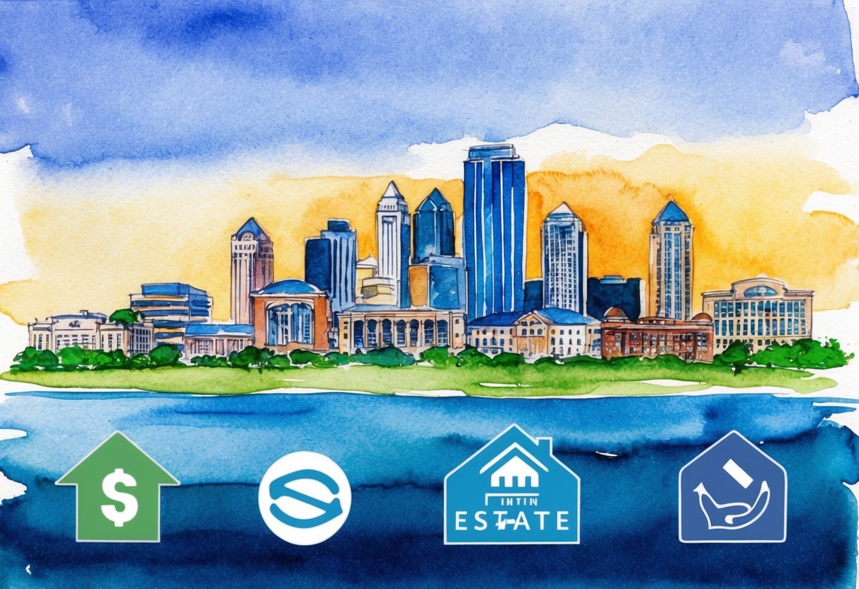 A skyline of Kansas City with various real estate properties and investment symbols in the foreground