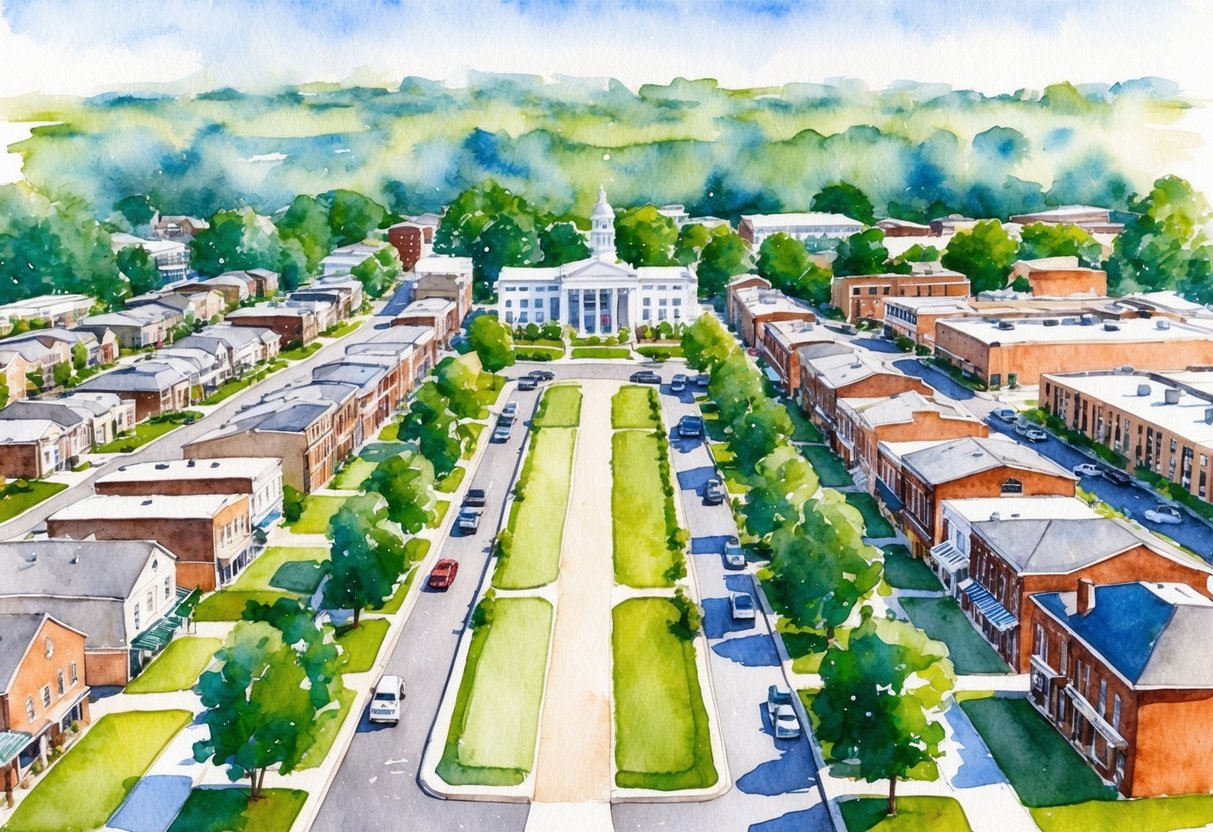An aerial view of downtown Lexington, KY with rows of houses, commercial buildings, and green spaces, showcasing the potential for real estate investment