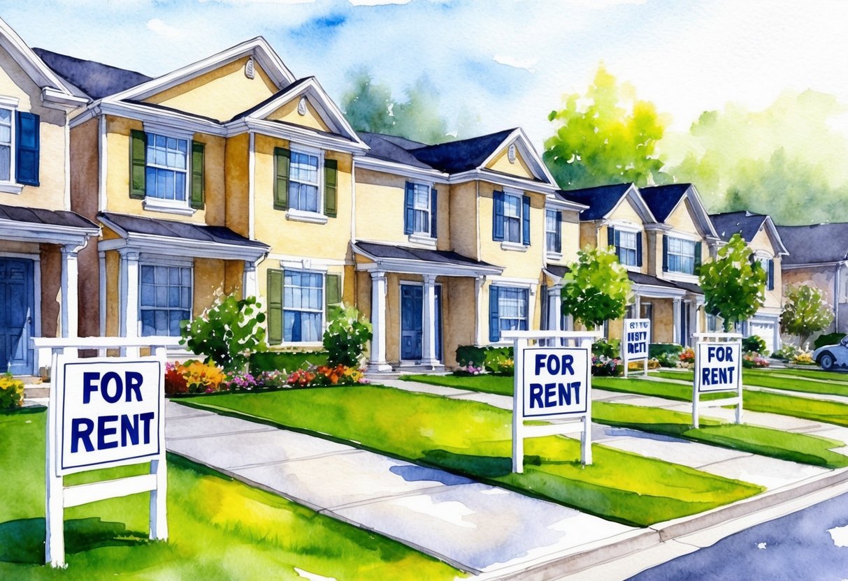 A row of well-maintained houses in a suburban neighborhood, each with a "For Rent" sign displayed in the front yard