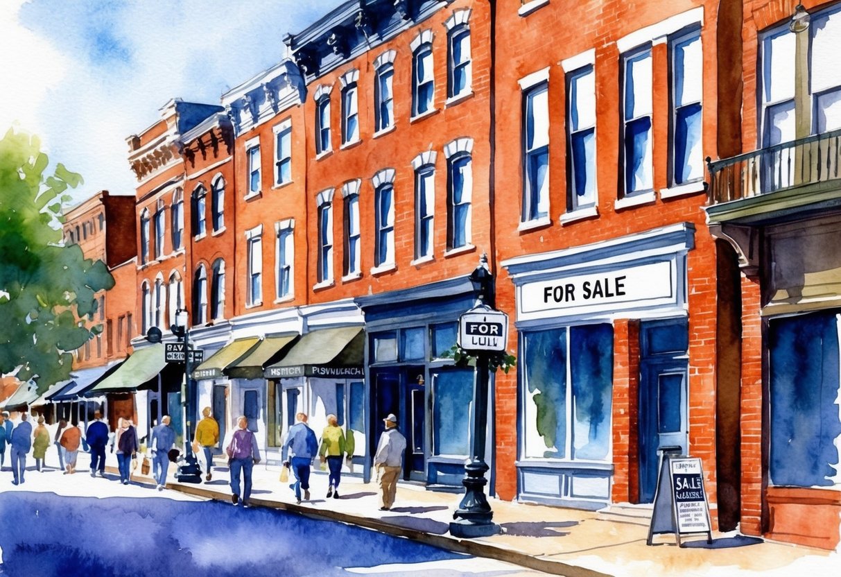 A row of historic brick buildings in downtown Louisville, Kentucky, with "For Sale" signs and bustling foot traffic
