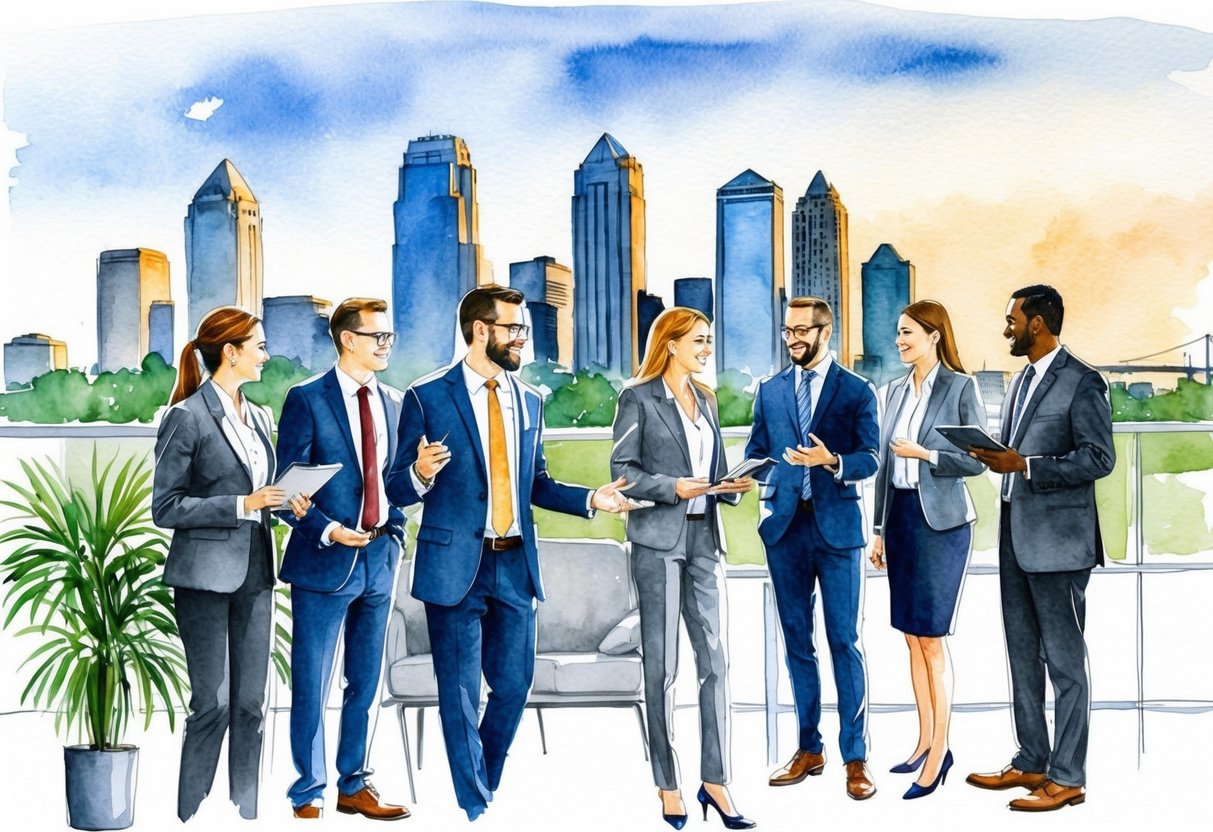 A group of professionals networking in a modern office setting, with Kansas City skyline in the background