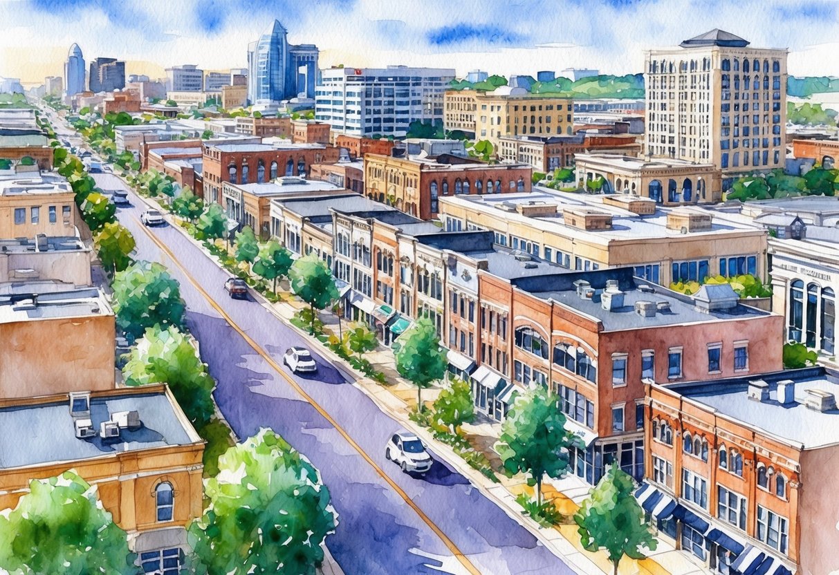 A bustling Kansas City street with new real estate developments and investment properties surrounded by a mix of residential and commercial buildings
