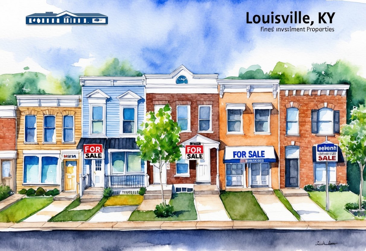 A row of diverse investment properties in Louisville, KY, including single-family homes, multi-family units, and commercial buildings, with "For Sale" signs displayed