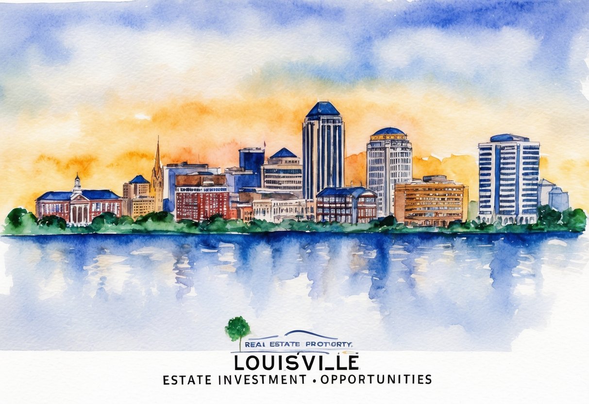 A skyline of Louisville, Kentucky with various real estate properties and investment opportunities
