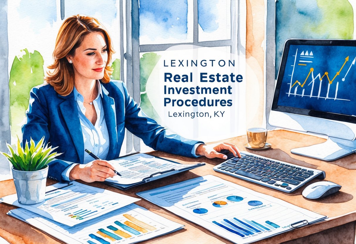 A person researching real estate investment procedures in Lexington, KY, surrounded by paperwork, charts, and a computer