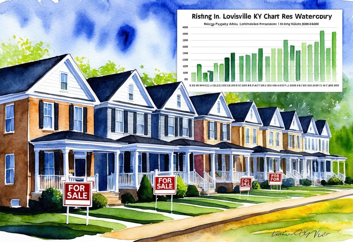 A row of houses in Louisville, KY with "For Sale" signs. A chart showing rising property values in the background