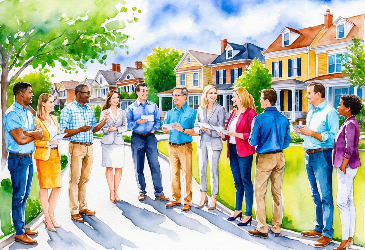 A diverse group of people discussing real estate in a vibrant Lexington, KY neighborhood