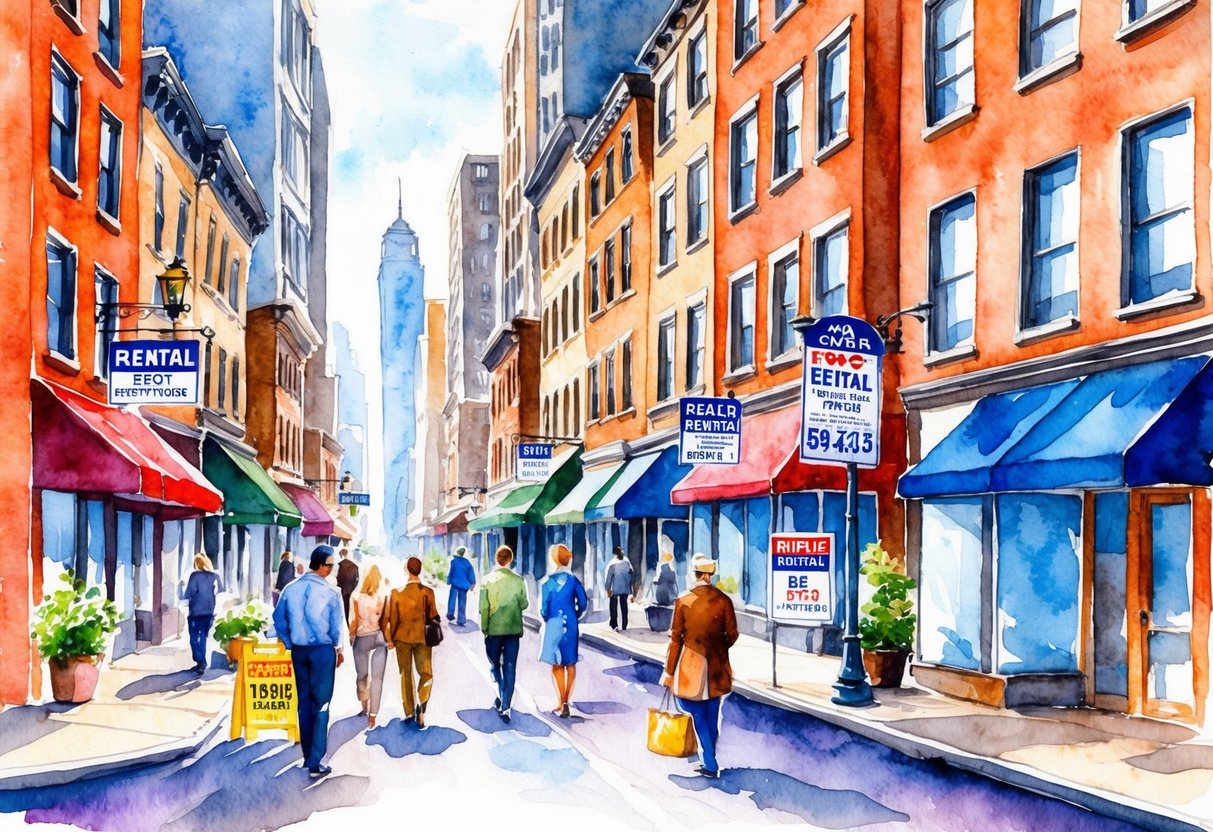A bustling city street with various rental properties, real estate signs, and people exploring listings