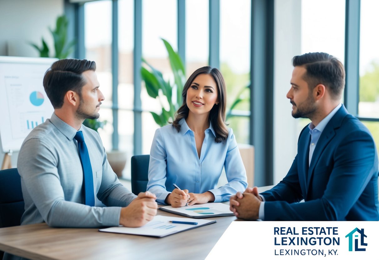 A real estate agent in Lexington, KY discussing legal and ethical considerations with potential investors in a modern office setting