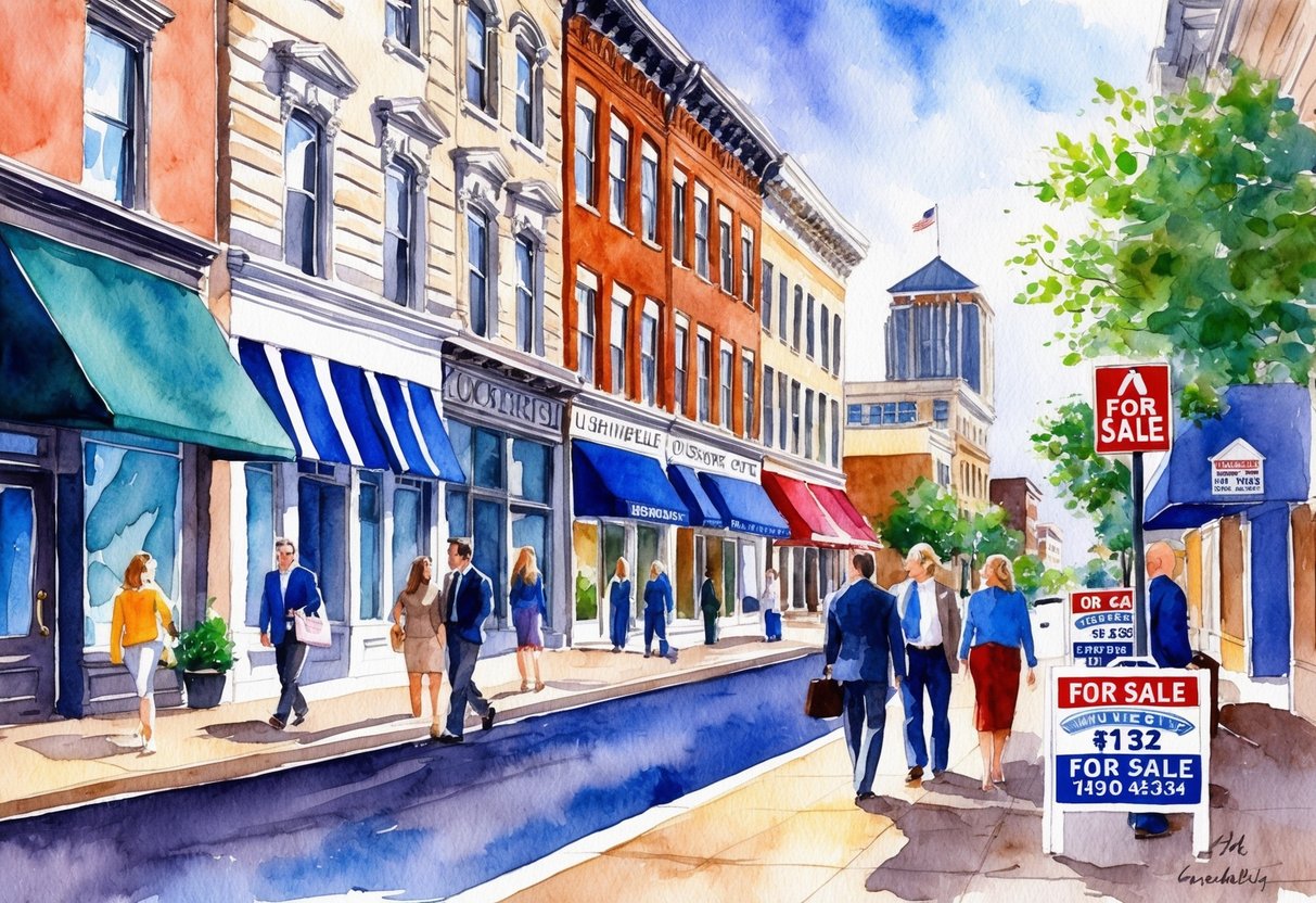 A bustling city street in Louisville, Kentucky, with a mix of historic and modern buildings, people entering and exiting real estate offices, and "For Sale" signs dotting the sidewalks