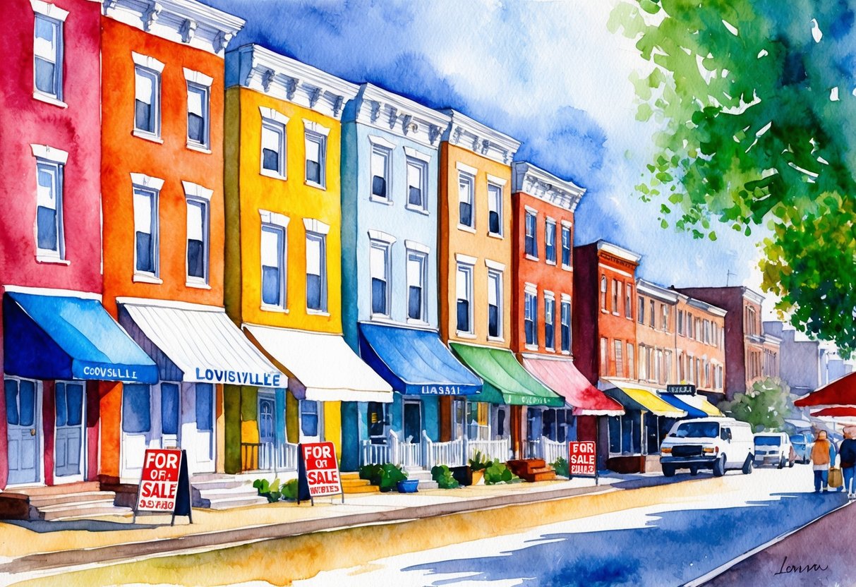 A row of colorful houses in Louisville, KY, with "For Sale" signs and a bustling market nearby