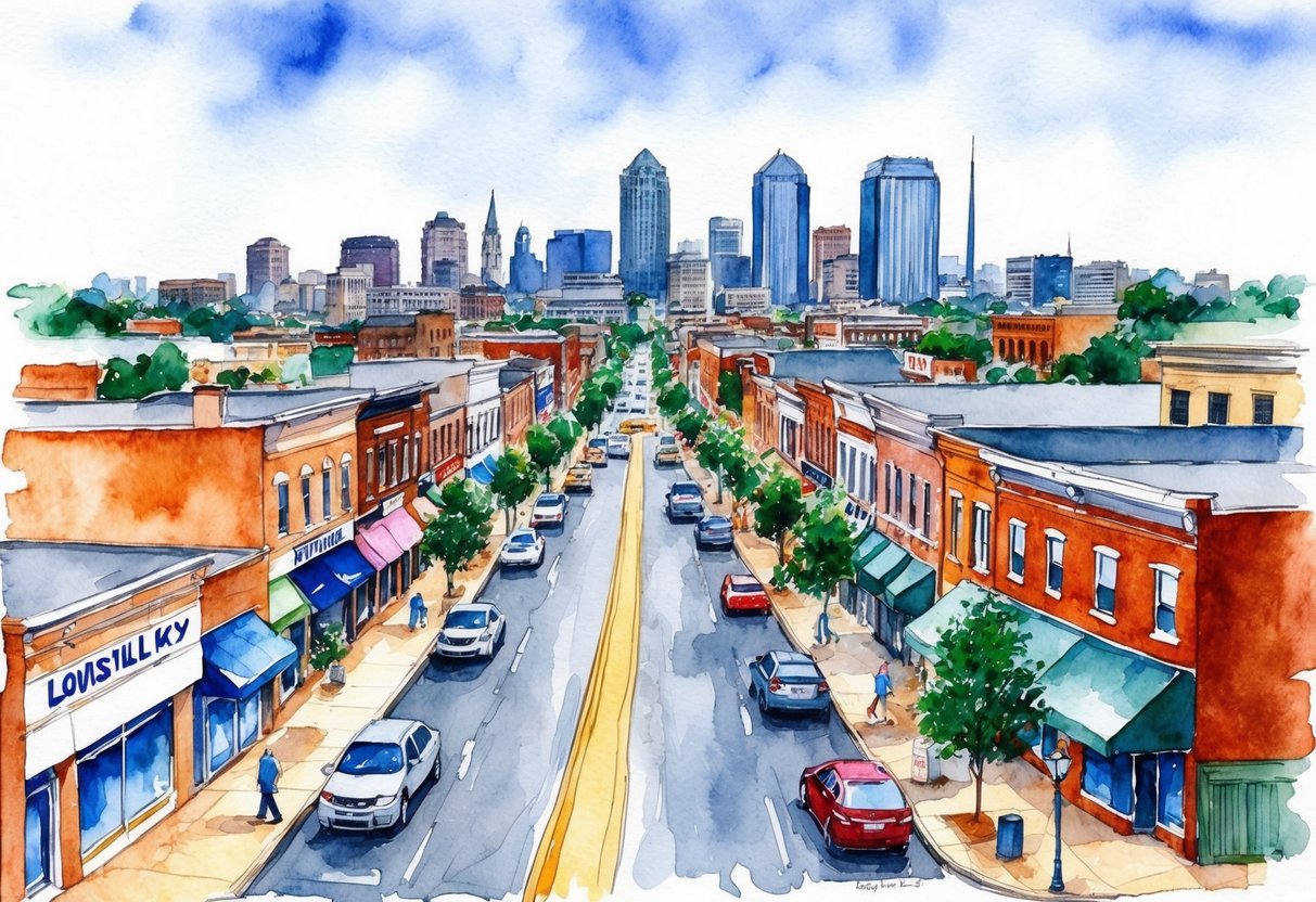 A bustling street in Louisville, KY with various real estate properties, businesses, and people going about their day. The city skyline looms in the background, hinting at the potential for real estate investment