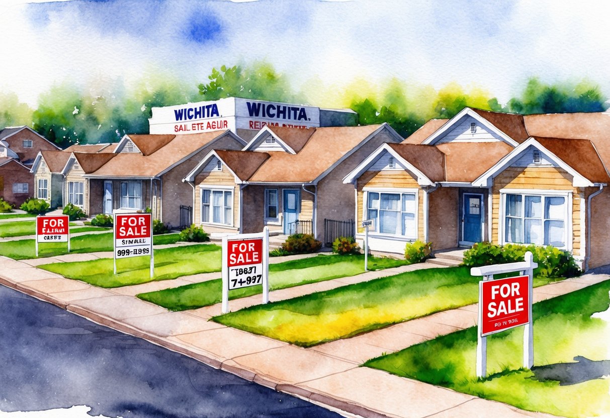 A row of residential houses in Wichita, Kansas, with "For Sale" signs and a real estate agent's office in the background