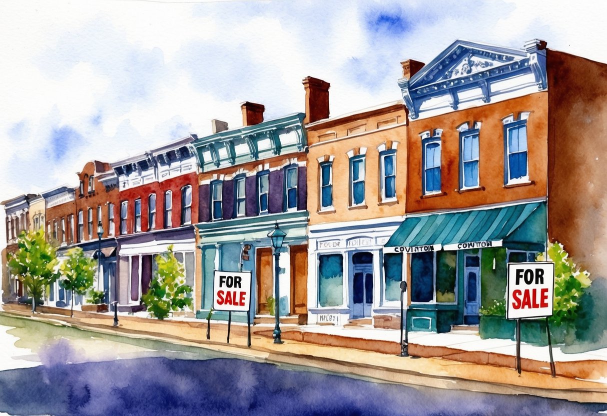 A row of historic buildings in Covington, KY with "For Sale" signs. Surrounding area shows signs of revitalization and potential for real estate investment