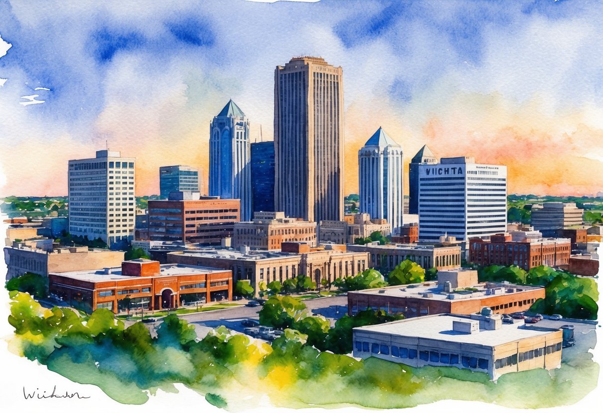 A bustling downtown Wichita skyline with various real estate properties and investment firms