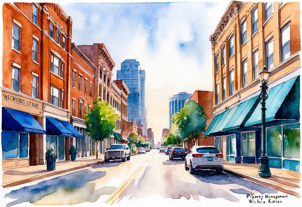 A bustling city street with property management offices and real estate professionals in Wichita, Kansas