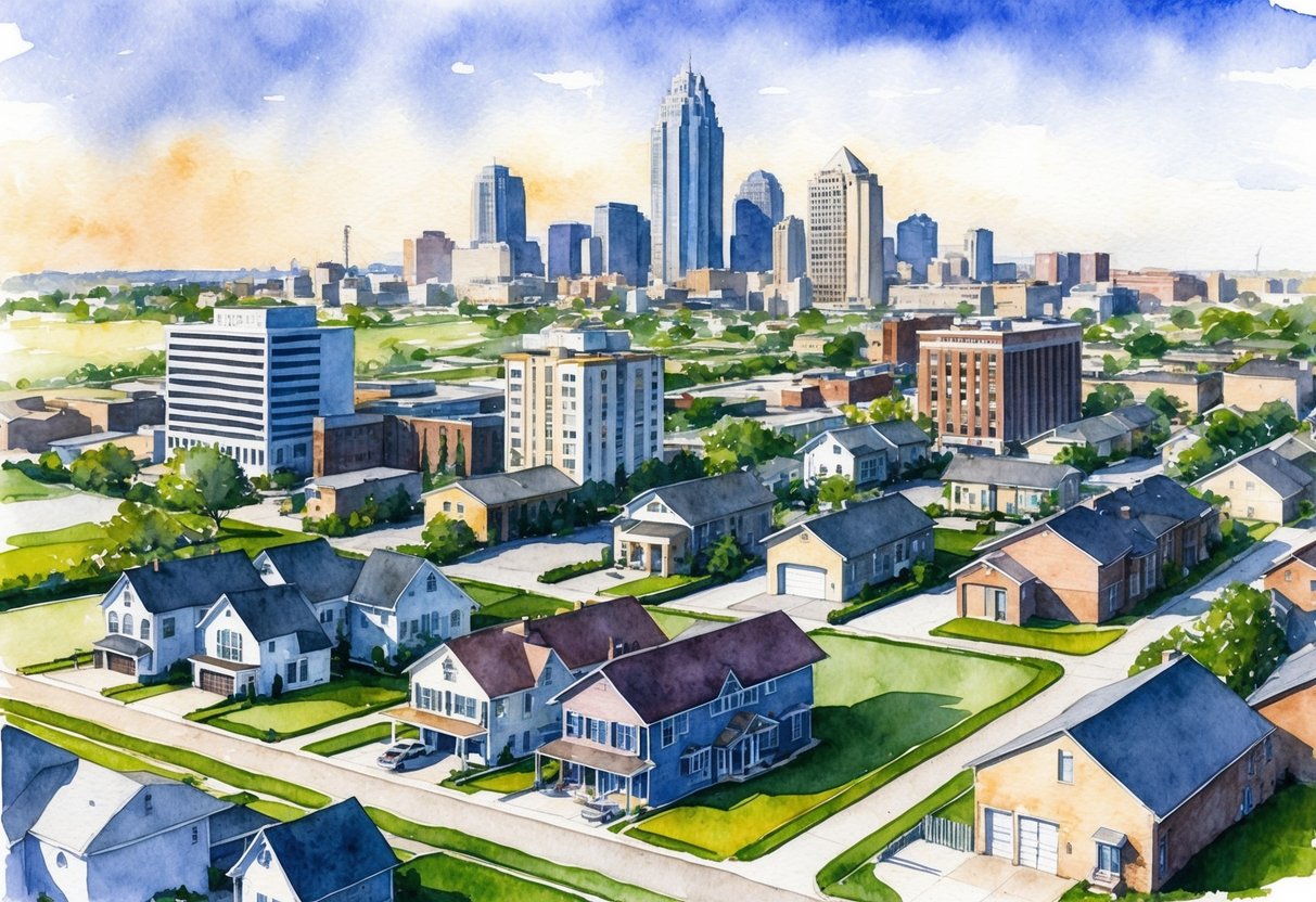 A bustling cityscape with various types of real estate properties, including residential homes, commercial buildings, and vacant land, set against the backdrop of the Wichita skyline