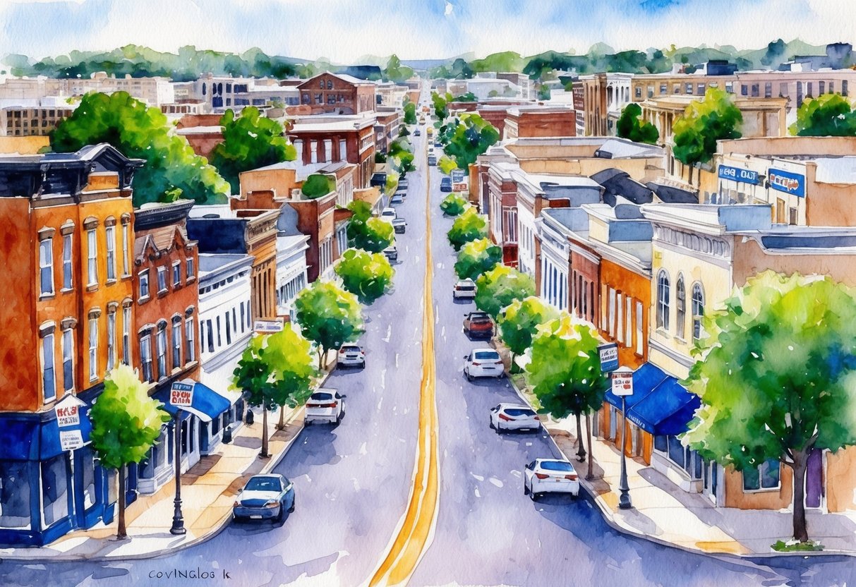A bustling street in Covington, KY, with rows of historic homes and commercial properties, a mix of old and new architecture, and real estate signs dotting the landscape