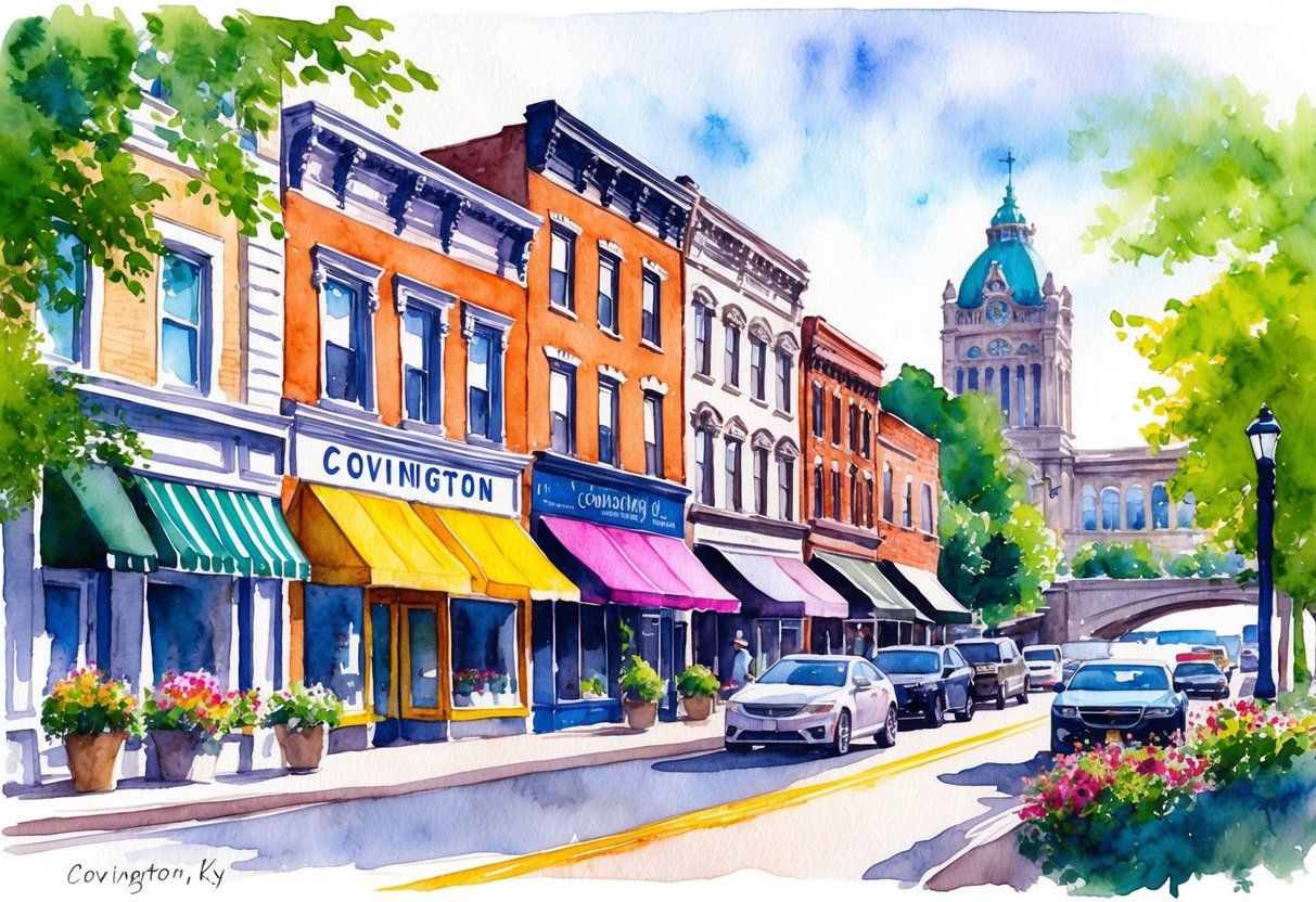 A bustling street in Covington, KY, with historic buildings and vibrant storefronts, surrounded by lush greenery and the Ohio River in the background