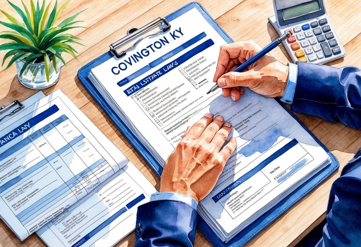 A person researching real estate laws and financial documents in Covington, KY