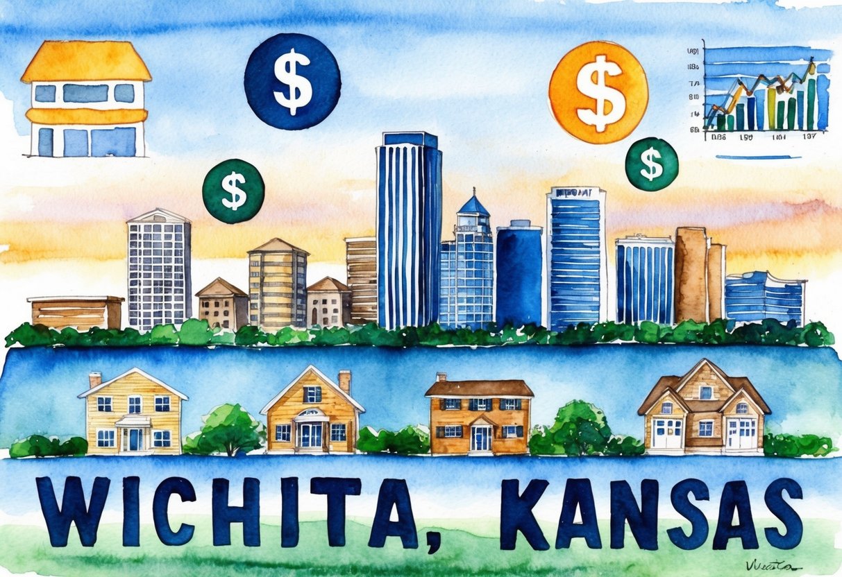 A skyline of Wichita, Kansas with various real estate properties and investment symbols like dollar signs, houses, and financial charts in the background