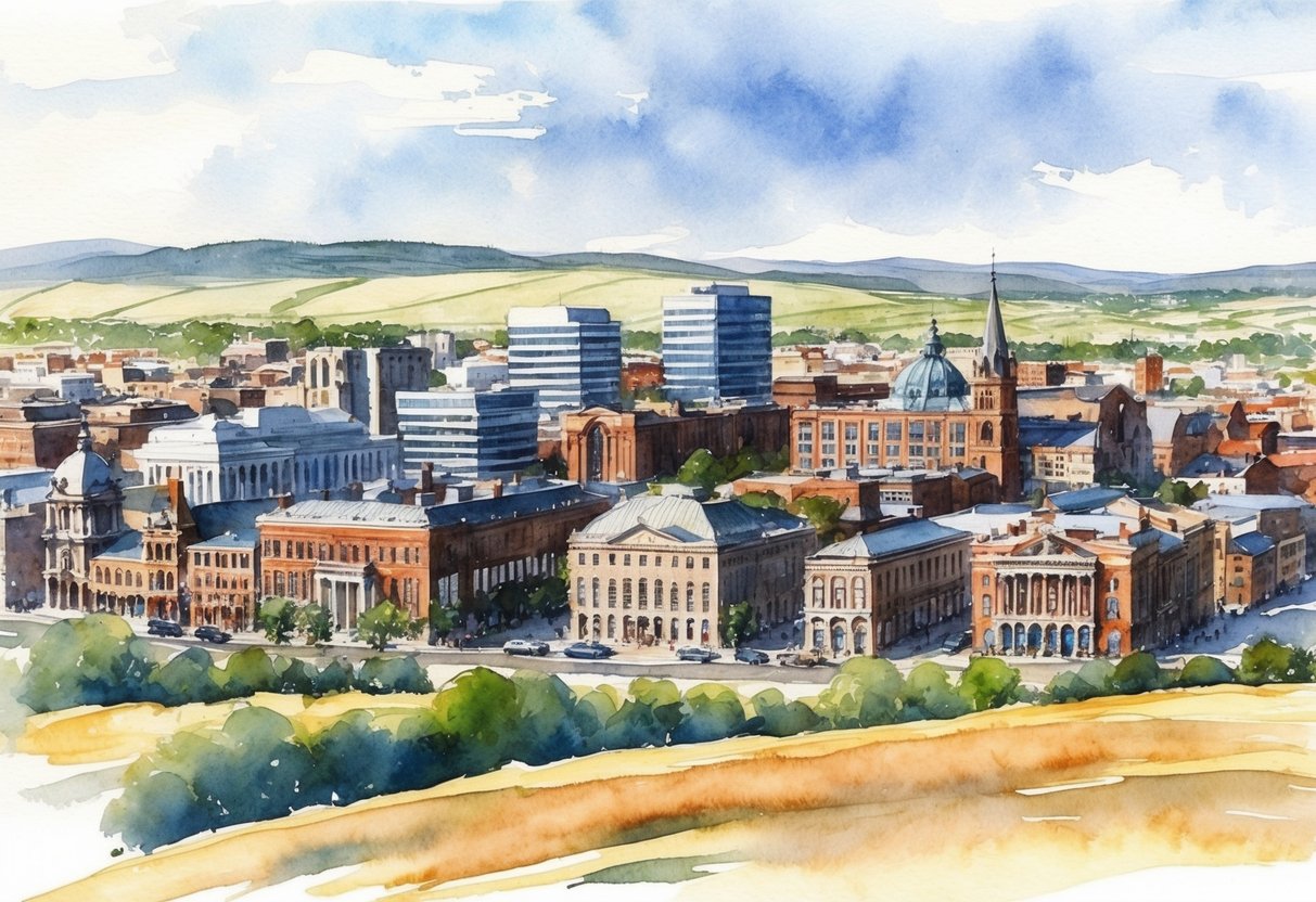 A bustling cityscape with a mix of historic and modern buildings, surrounded by open land and rolling plains