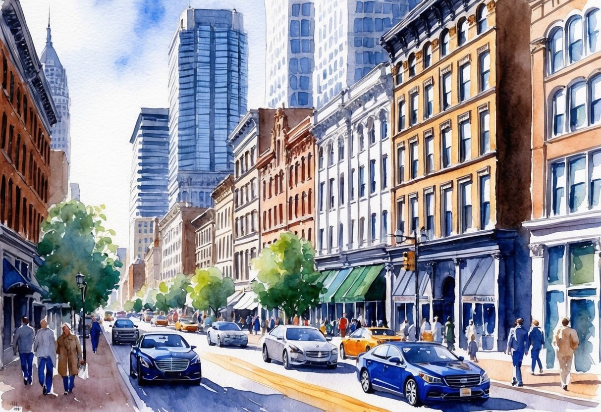 A bustling city street in Manhattan, KS, lined with historic buildings and modern skyscrapers, with people walking and cars driving by