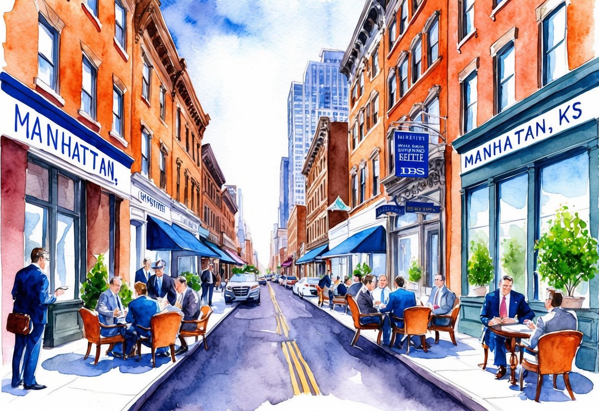 A bustling Manhattan, KS street with real estate offices and investors meeting and discussing properties