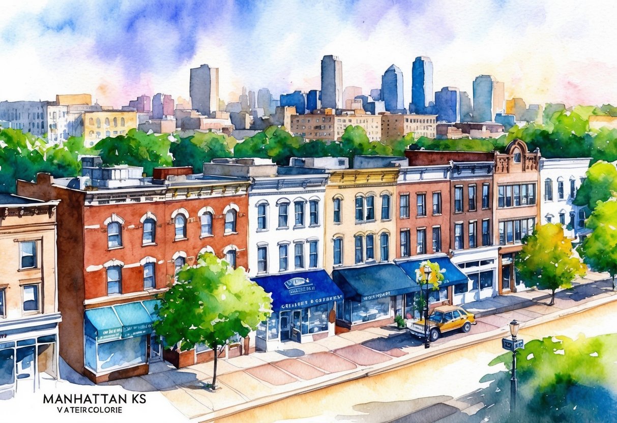 A row of diverse properties in Manhattan KS, including houses, apartments, and commercial buildings, set against a backdrop of tree-lined streets and a vibrant cityscape