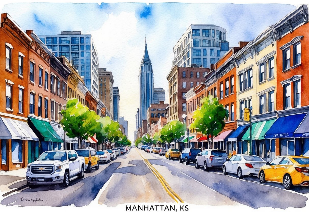 A bustling city street in Manhattan, KS with rows of diverse real estate properties and a mix of residential and commercial buildings