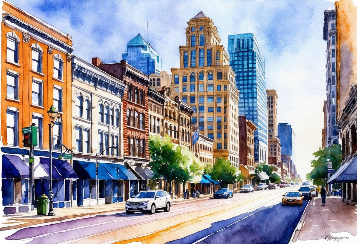 A bustling city street in Manhattan, Kansas, with a mix of modern high-rise buildings and historic architecture, showcasing real estate investment opportunities