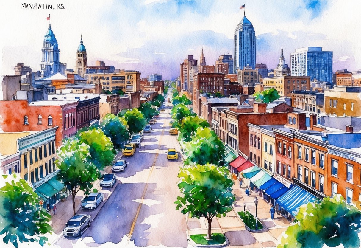 A bustling cityscape with diverse architecture and tree-lined streets, showcasing the vibrant and sought-after neighborhoods and nearby areas of Manhattan, KS