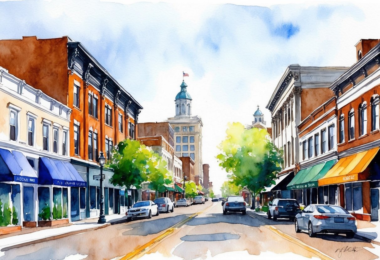 A bustling street in Bowling Green, KY, with a mix of historic and modern buildings, and a vibrant real estate market