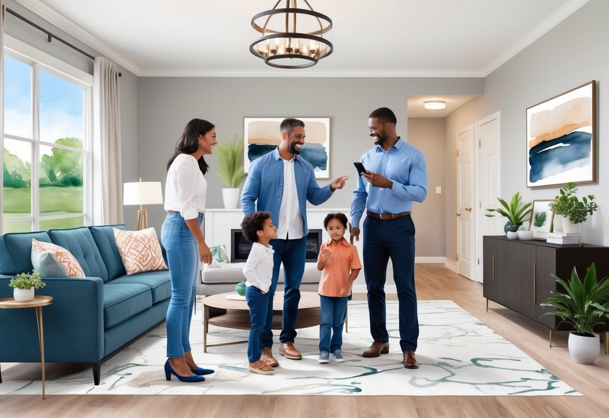 A family touring a modern home with a real estate agent in Bowling Green, KY