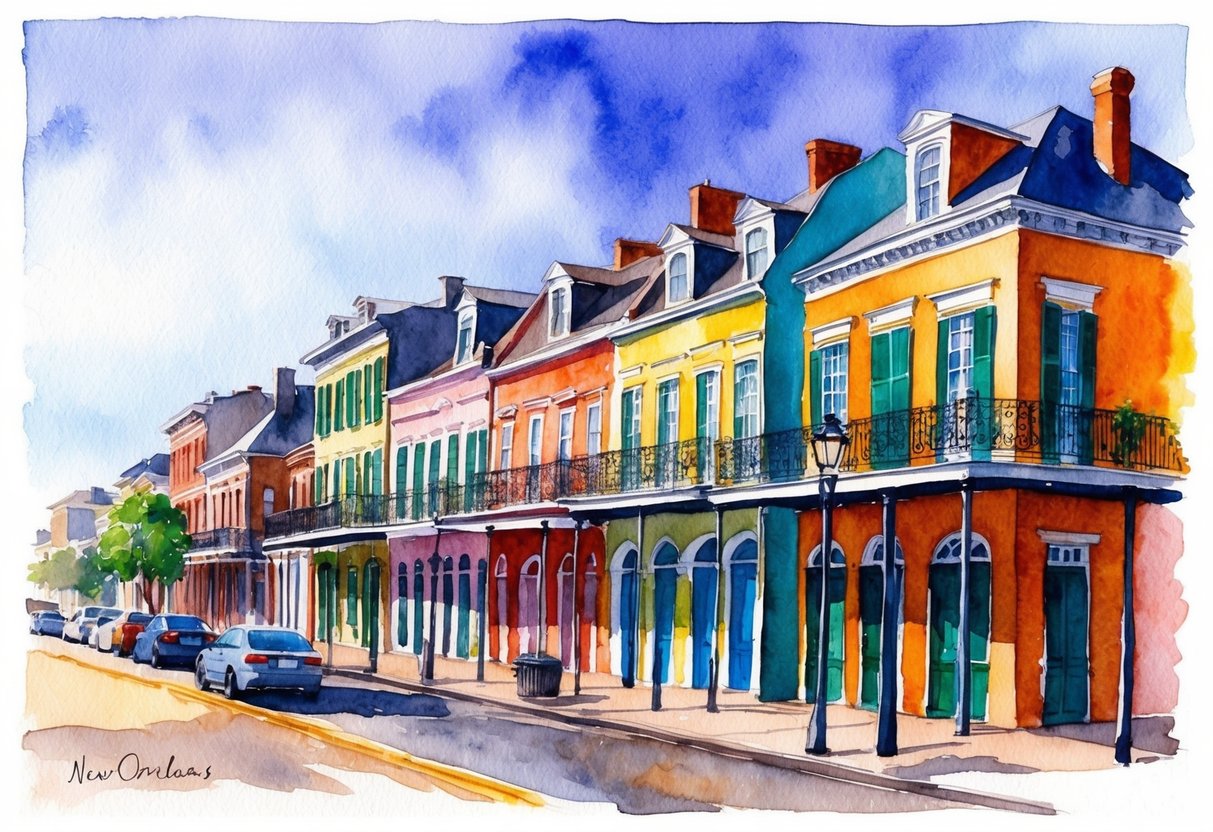 A row of colorful historic buildings on a bustling street in New Orleans, Louisiana, with a mix of old and new architecture